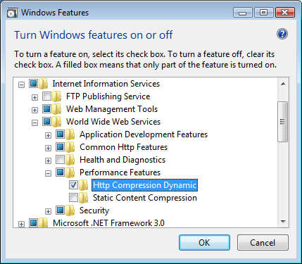 Captura de pantalla de la página Activar o desactivar características de Windows en la que se muestra el nodo Características de rendimiento expandido y H T T T P Common Dynamics seleccionado.