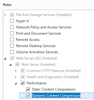 Captura de pantalla de la página Roles de servidor con Compresión de contenido estático y Compresión de contenido dinámico seleccionada.