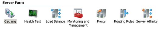 Screenshot of the Server Farm with the Caching Icon, Health Test Icon, Load Balance Icon, Monitoring and Management Icon, Proxy Icon, and Routing Rules Icon.