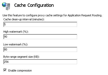 Captura de pantalla de la página Configuración de caché. En el cuadro Tamaño de segmento de intervalo de bytes K B, se escribe un valor de doscientos cincuenta seis. Habilitar compresión está seleccionada.