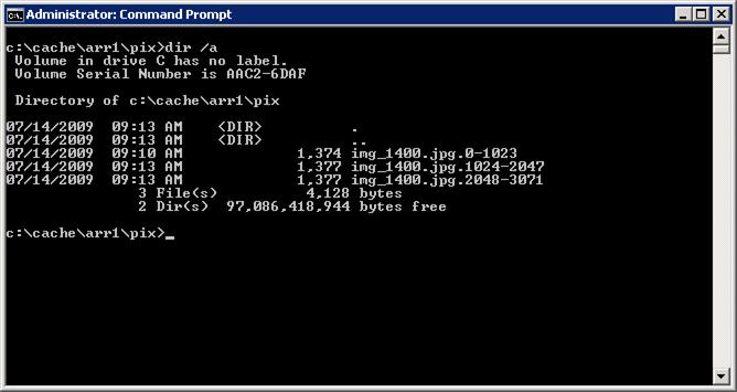 Captura de pantalla de la página del símbolo del sistema de Administración istrator. Se muestran los archivos y el número de bytes.