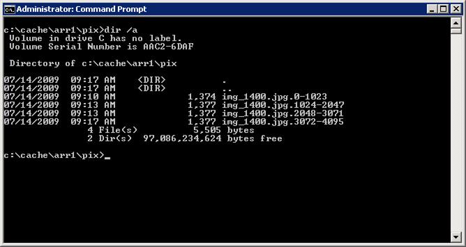 Captura de pantalla del símbolo del sistema de Administración istrator. Se enumeran el directorio de solicitudes de intervalo de guiones de bytes.