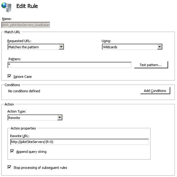 Captura de pantalla del panel Editar regla de A R R piloto Servidores de sitio equilibrio de carga con la configuración predeterminada seleccionada.