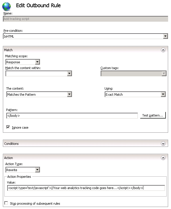 Captura de pantalla de la página de propiedades Editar regla de salida con la configuración seleccionada.