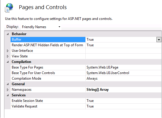 Screenshot of the Pages and Controls page for A S P dot NET three dot five. The Buffer behavior is highlighted.