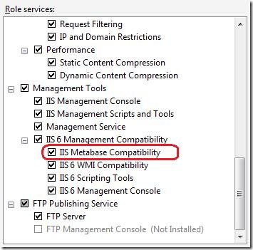 Captura de pantalla del panel Servicios de rol con un enfoque en la opción Compatibilidad de metabase I I S.