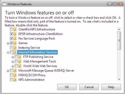 Captura de pantalla del cuadro de diálogo Características de Windows. Internet Information Services está resaltado.