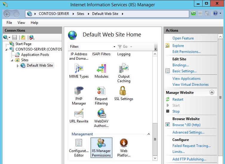 Captura de pantalla de Internet Information I S Manager. El nodo Sitios se muestra en el panel izquierdo. El icono I I S Manager (Administrador de I I S) está seleccionado.