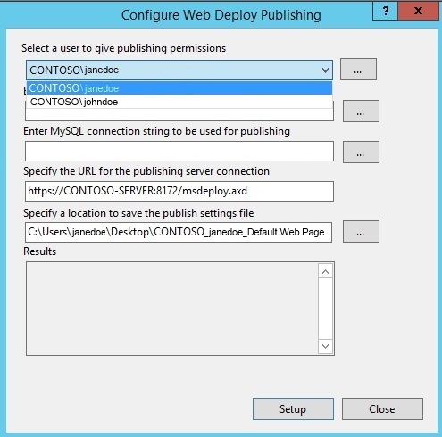 Captura de pantalla del panel Configurar publicación de Web Deploy. En Seleccionar un usuario para conceder permisos de publicación, el texto C O N T O S O O O backslah john doe está resaltado.