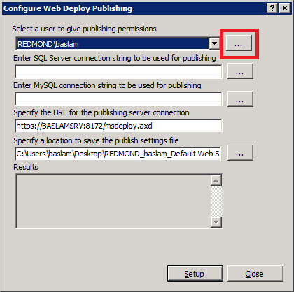 Captura de pantalla que muestra el cuadro de diálogo Configurar publicación de Web Deploy. Los puntos suspensivos de la primera variable se resaltan.