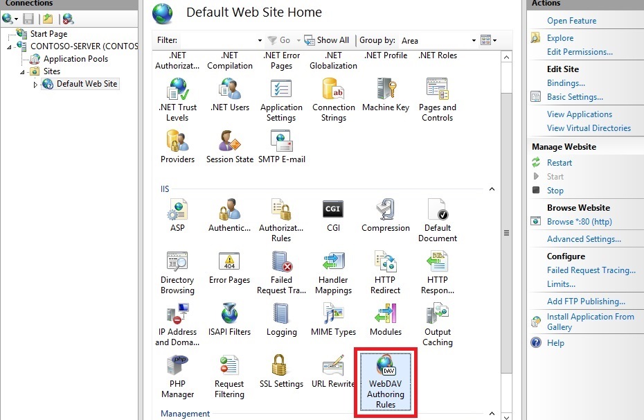 Screenshot that shows the Default Web Site Home pane. Web DAV Authoring Rules is selected.