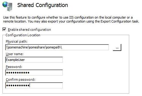 Captura de pantalla del cuadro de diálogo Configuración compartida con credenciales especificadas para Nombre de usuario y Contraseña.