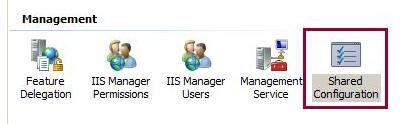 Captura de pantalla del icono I I S Manager with Shared Configuration (Administrador de I I S con configuración compartida) seleccionado.