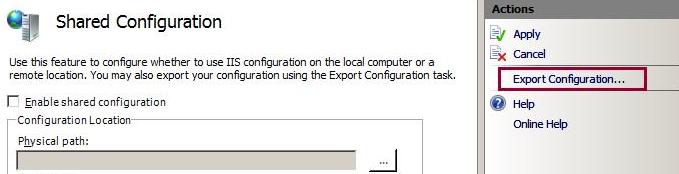 Captura de pantalla del panel Acciones en Configuración compartida con el punto punto de punto de configuración de exportación resaltado.