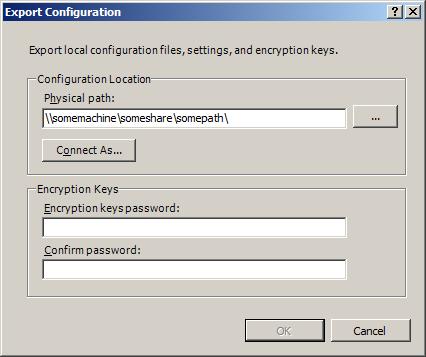 Captura de pantalla del cuadro de diálogo Exportar configuración con campos para ubicación de configuración y contraseña de claves de cifrado mostradas.