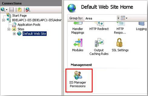 Captura de pantalla del panel Conexiones. El sitio web predeterminado está seleccionado. En el panel Inicio del sitio web predeterminado, se resaltan los permisos del Administrador de I S.