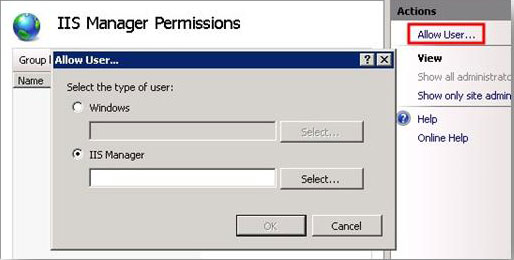 Captura de pantalla de la página Permisos del Administrador de I I S y el panel Acciones. La opción Permitir usuario está resaltada. Se muestra el cuadro de diálogo Permitir usuario. I S Manager está seleccionado.