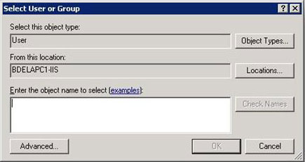 Captura de pantalla del cuadro de diálogo Seleccionar usuario o grupo. En el texto Seleccionar este tipo de objeto, se escribe User. En el texto Desde esta ubicación, se escribe B D E L A P P C un guión I S.