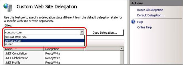 Captura de pantalla del panel Delegación de sitios personalizados con la lista de sitios resaltada.