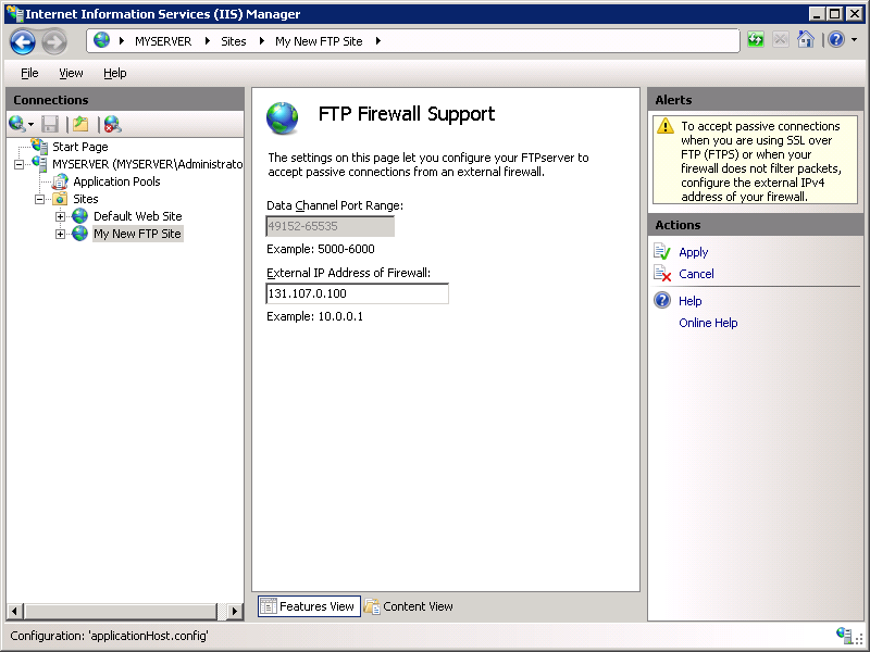 Captura de pantalla que muestra el panel Compatibilidad con firewall de F T P, con una dirección I P especificada en el campo Dirección I P externa o Firewall.