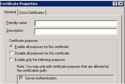 Captura de pantalla que muestra una parte del cuadro de diálogo Propiedades del certificado, se selecciona Habilitar todos los propósitos para este certificado.