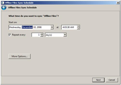 Image of Offline Files Sync Schedule dialog box displaying Start on box with drop down menus for sync frequency.