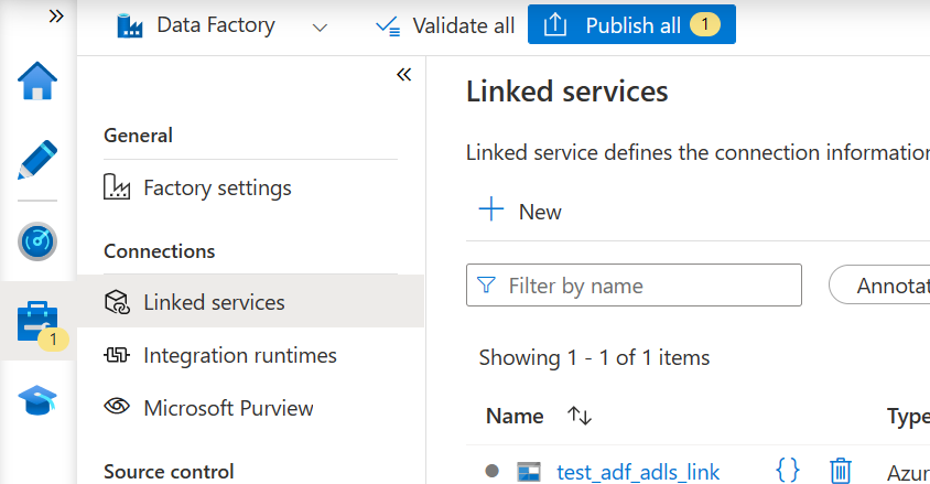 La imagen muestra cómo publicar un servicio vinculado de Azure Data Factory.