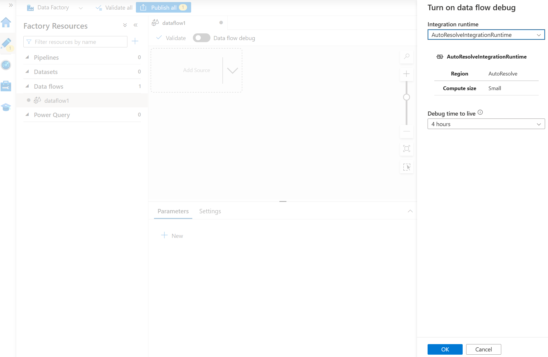 La imagen muestra cómo iniciar la depuración de un flujo de datos.