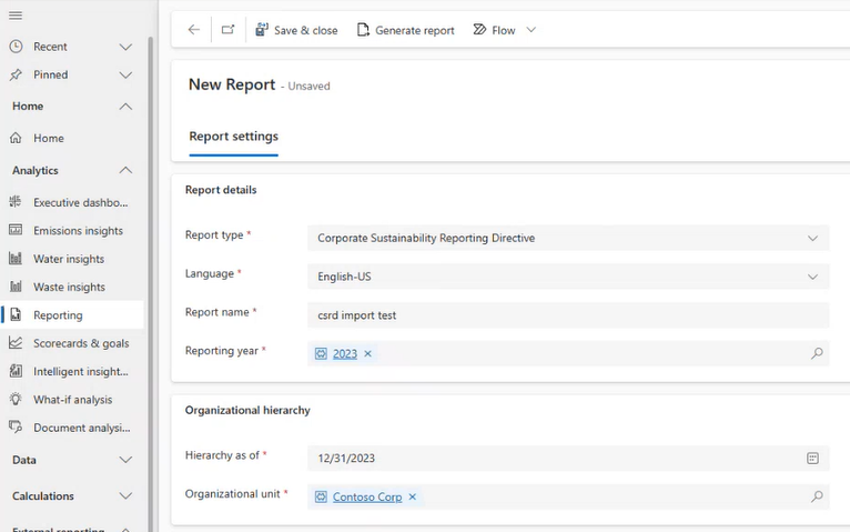 Screenshot of setting the report details for a CSRD report.