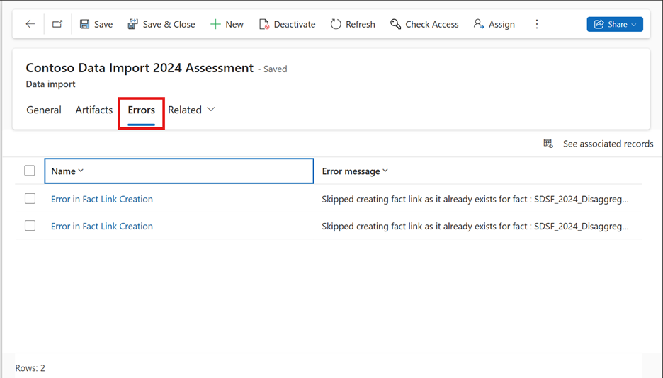 Screenshot of assessment Errors tab.