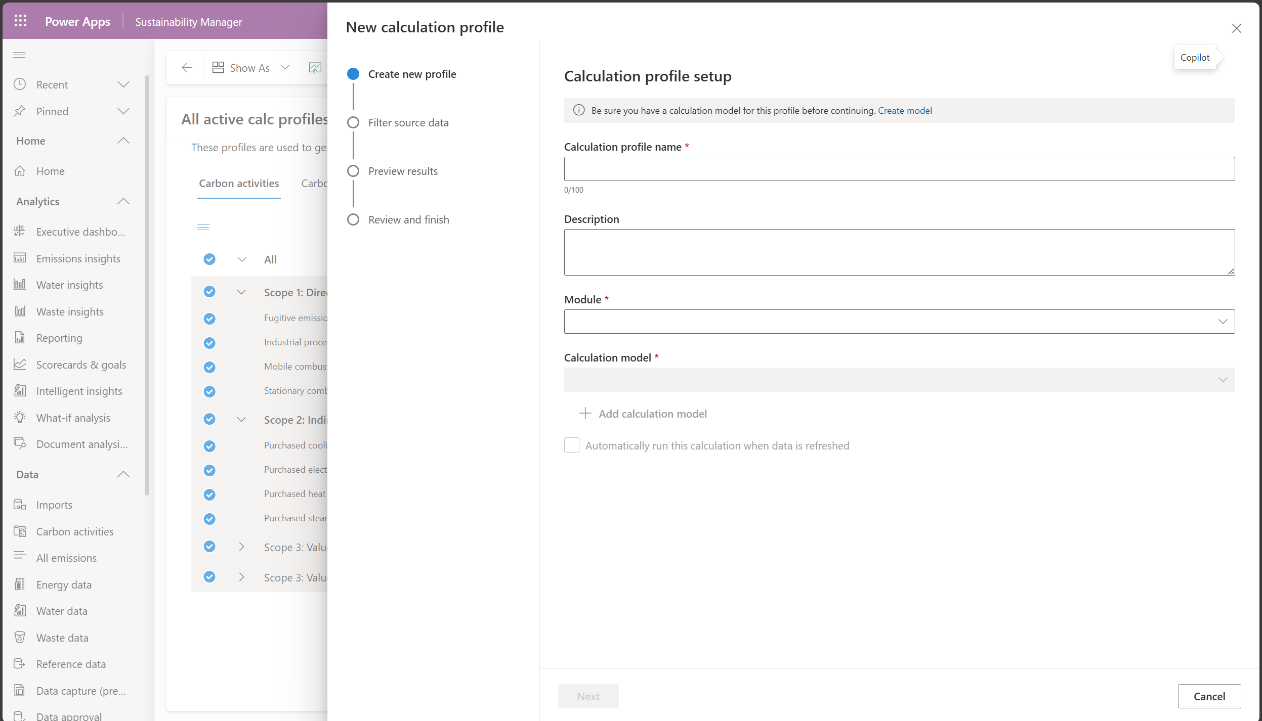 Captura de pantalla que muestra el panel de configuración del perfil de cálculo.