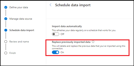 Captura de pantalla que muestra cómo reemplazar datos importados previamente.