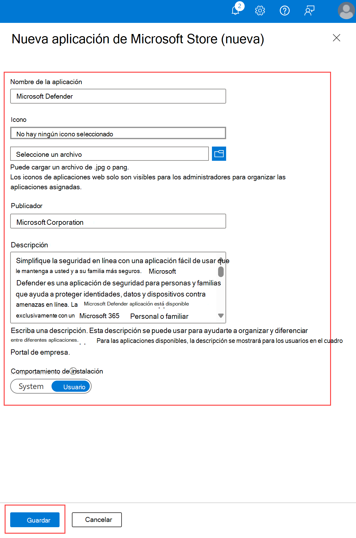 Captura de pantalla que resalta la nueva ventana de la aplicación, la configuración disponible para configurar y el botón Guardar.