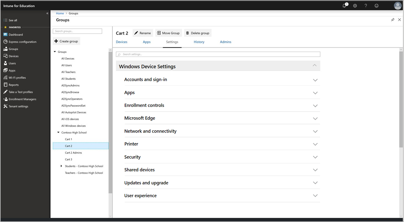 Captura de pantalla de la página Todos los dispositivos, grupos de Intune for Education. Resalta la pestaña Configuración y muestra que la categoría Configuración del dispositivo Windows está expandida para mostrar las 10 subcategorías de configuración. Cada configuración está contraída.