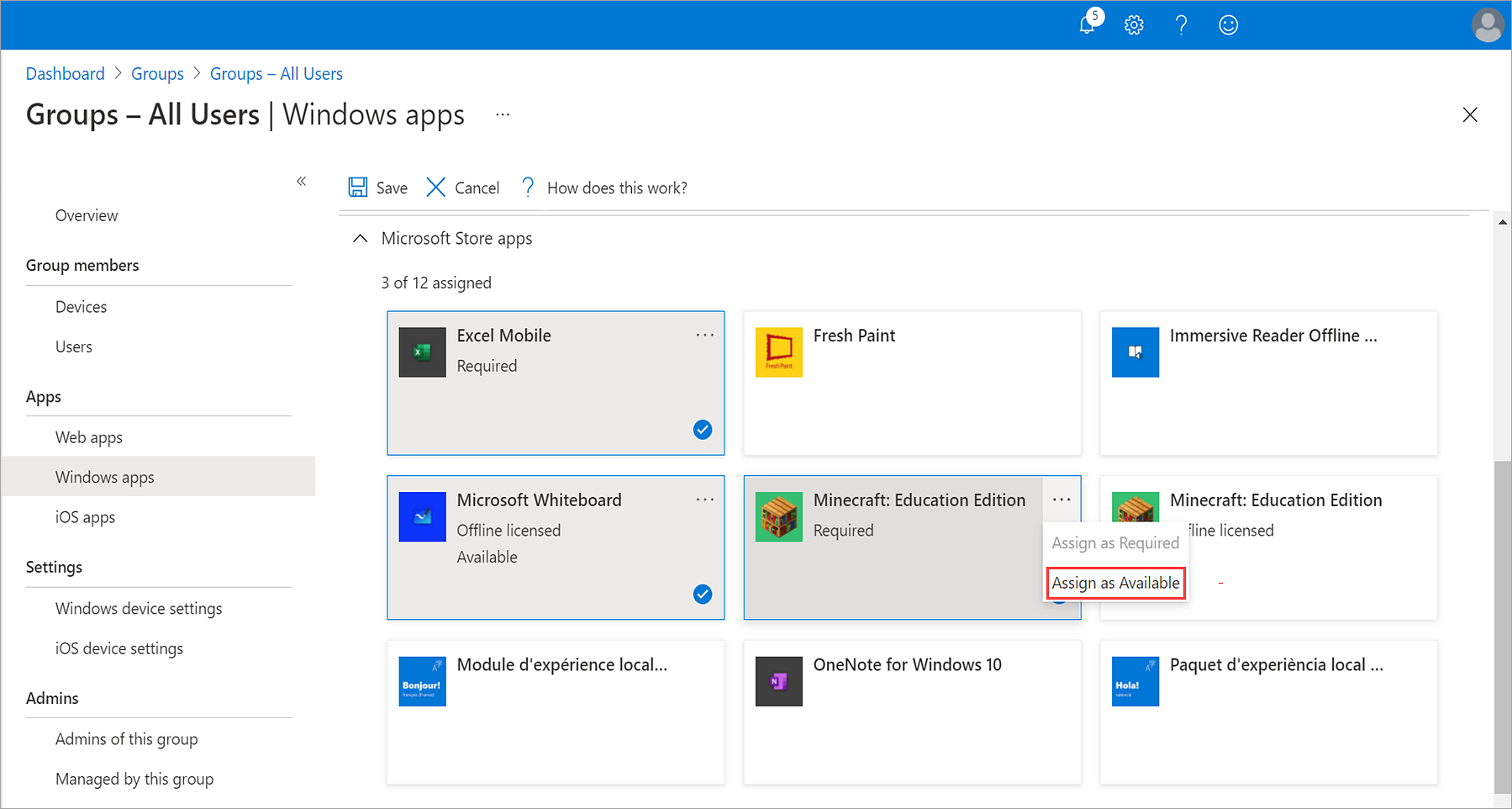 Captura de pantalla de la página Intune para grupos educativos: todas las aplicaciones windows de los usuarios>, en la que se resalta la nueva opción Asignar como disponible en una aplicación seleccionada.