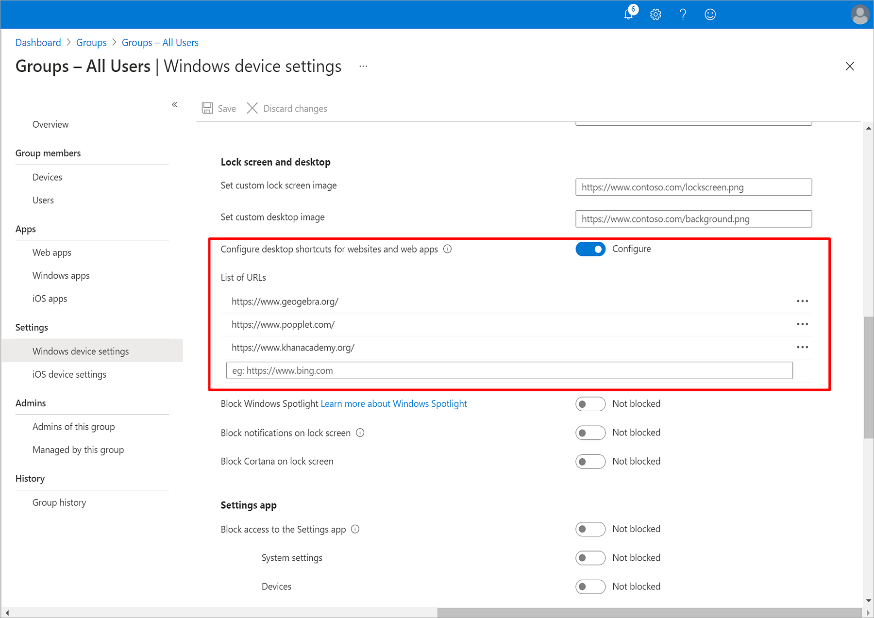 Captura de pantalla de la página de configuración de dispositivos Windows Intune para grupos educativos: todos los usuarios > de Windows, en la que se resalta una nueva configuración Configurar accesos directos de escritorio para sitios web y aplicaciones web y una lista de direcciones URL.