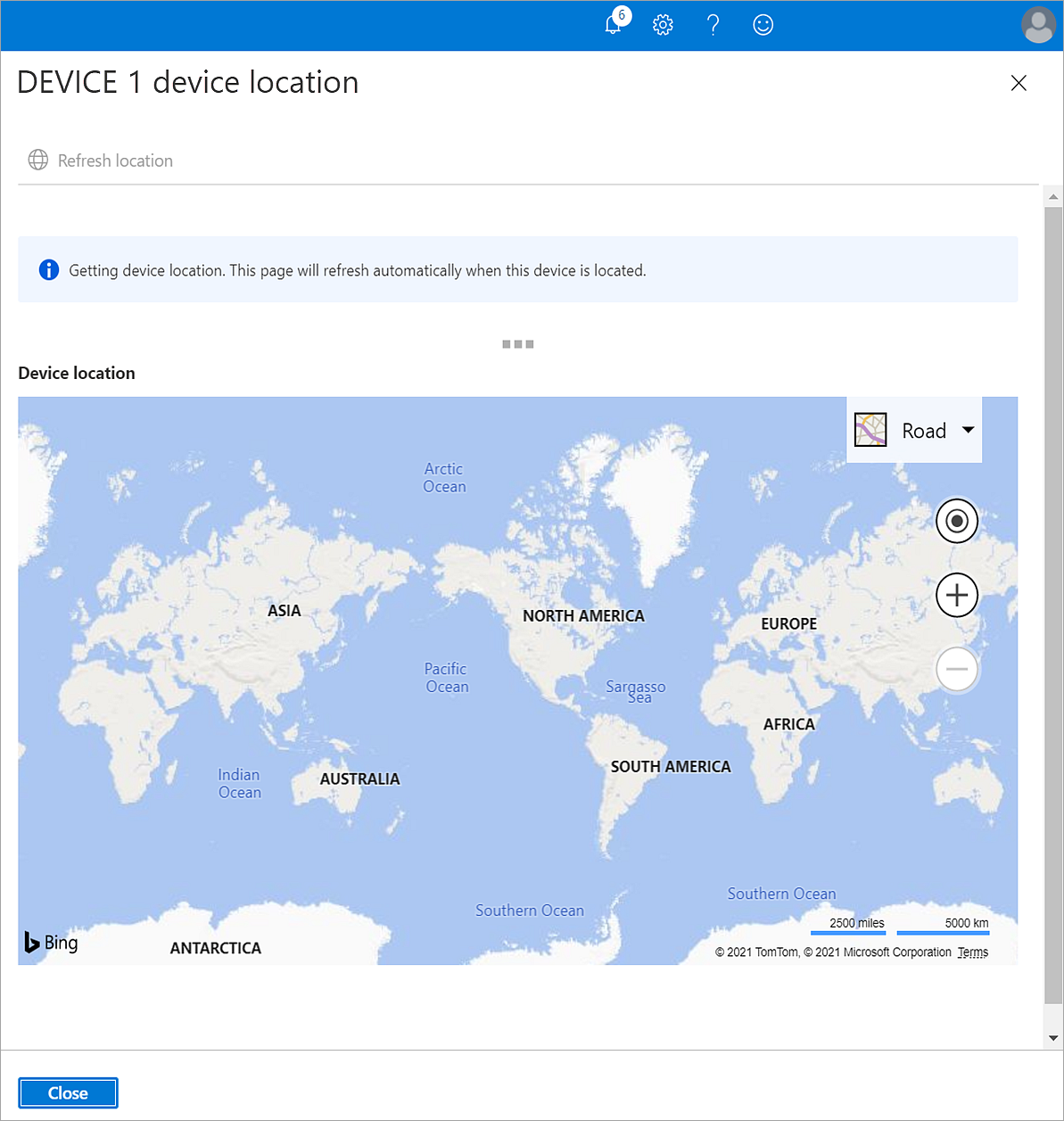 Captura de pantalla del mapa de ubicación del dispositivo que se abre en Intune para Educación cuando se usa la nueva acción Buscar.