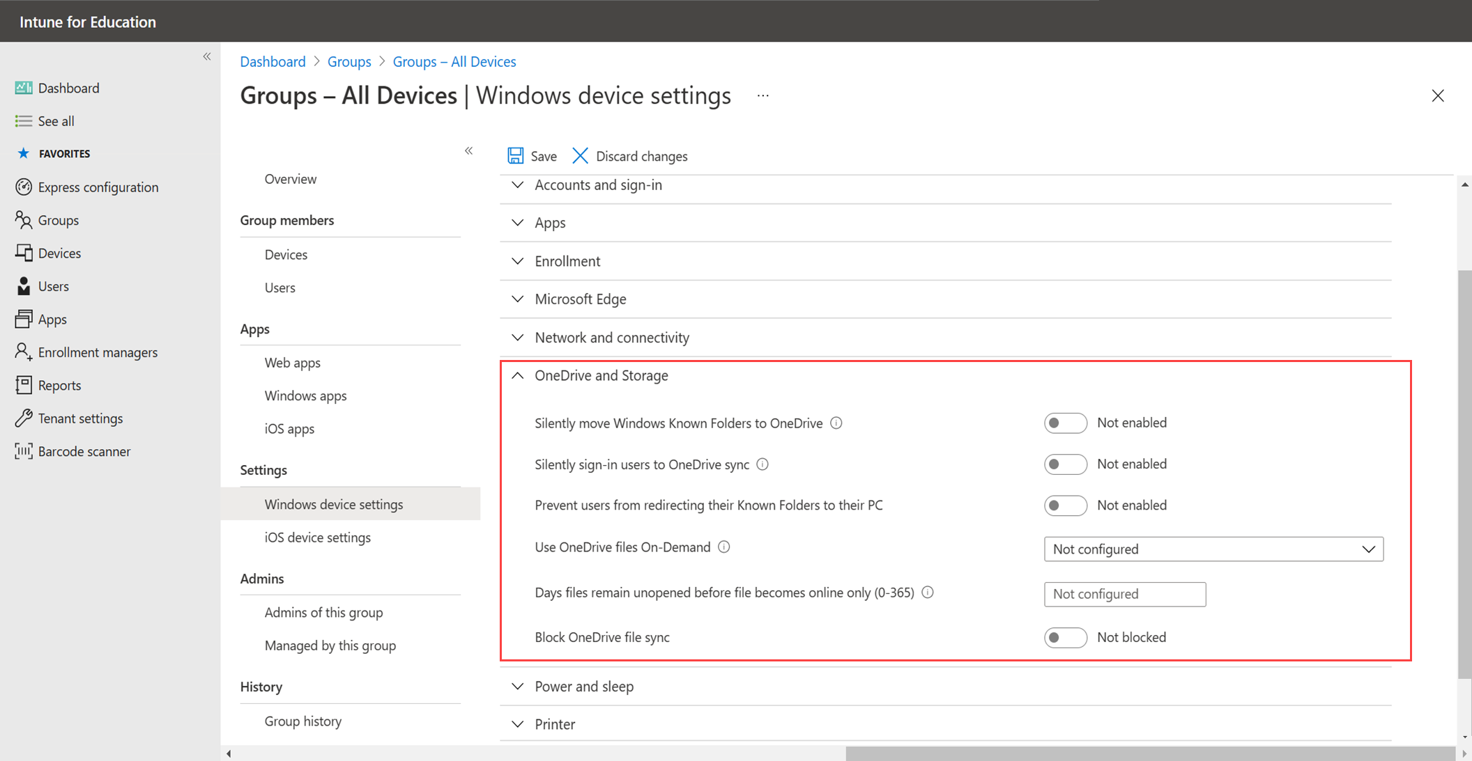 Imagen de ejemplo que resalta la nueva categoría de almacenamiento de OneDrive & en la configuración del dispositivo Widows.