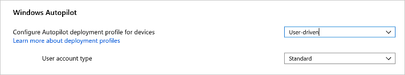 Captura de pantalla del grupo Todos los dispositivos, configuración de Windows Autopilot, con el modo controlado por el usuario y la cuenta de usuario estándar seleccionada.