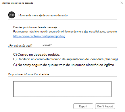 Cuadro de diálogo de preprocesamiento de ejemplo de un complemento de informes de correo no deseado en Outlook en Mac y versiones anteriores admitidas de Outlook clásico en Windows. El texto personalizado especificado en el elemento **\<MoreInfoText\>** aparece antes de la dirección URL sin sistema operativo especificada en el elemento **\<MoreInfoUrl\>**.