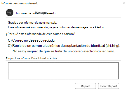 Cuadro de diálogo de preprocesamiento de ejemplo de un complemento de informes de correo no deseado en Outlook en la web y versiones admitidas de Outlook en Windows (clásico y nuevo). El vínculo especificado en el elemento **\<MoreInfo\>** se antepone al texto estático, 