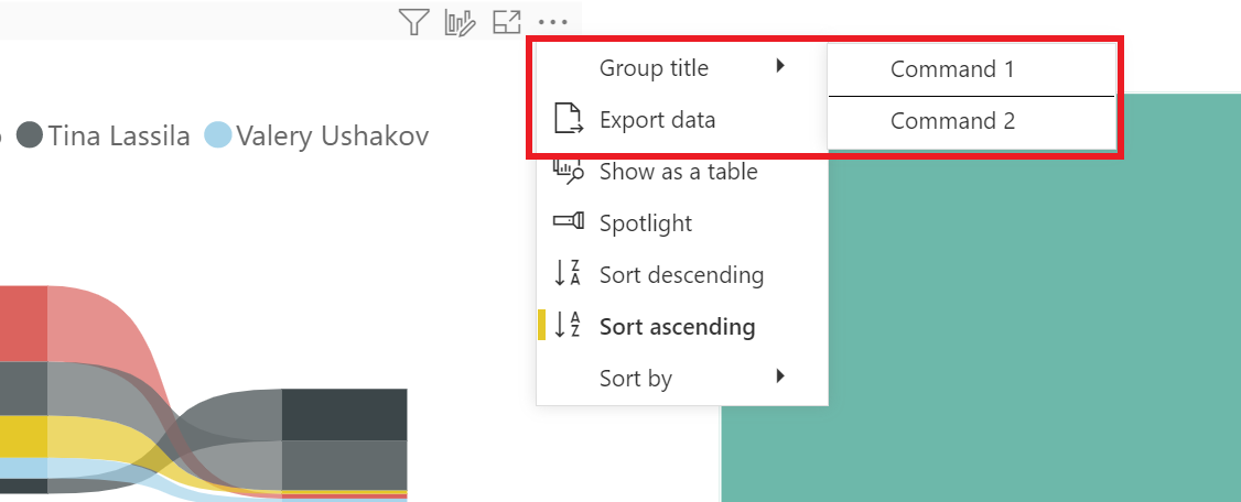 Captura de pantalla que muestra un objeto visual de Power BI con dos comandos agregados en el submenú nuevo.