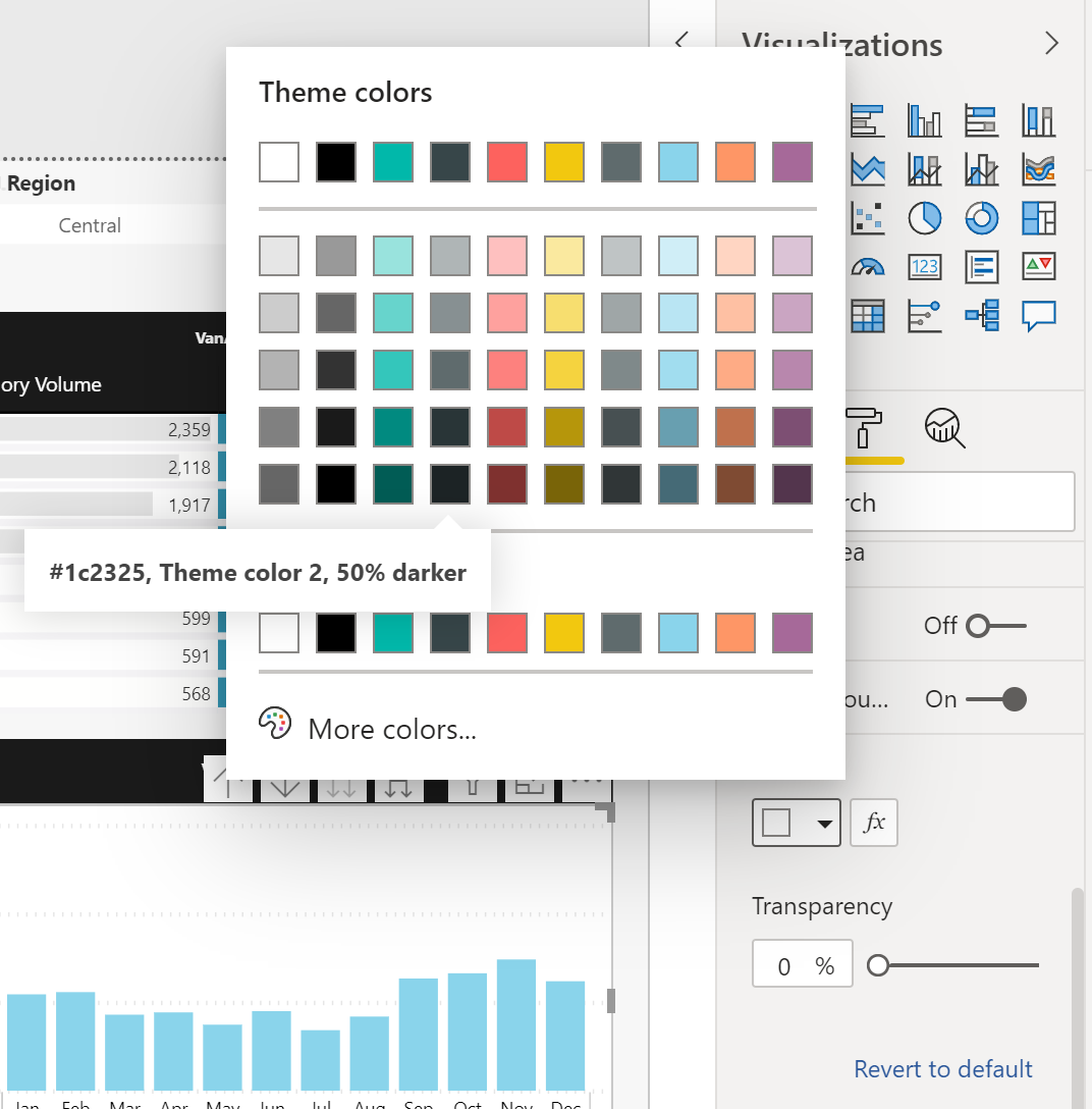 Captura de pantalla que muestra una ventana de colores de tema de Power BI.