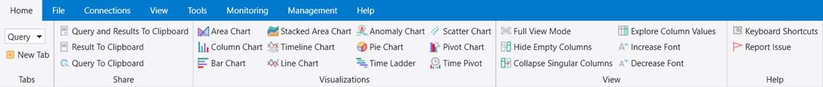 Captura de pantalla de la pestaña Inicio que muestra las cinco secciones de la pestaña Inicio.