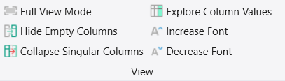 Captura de pantalla de la sección Inicio pestaña titulada Vista que muestra las opciones para modificar la vista de datos.