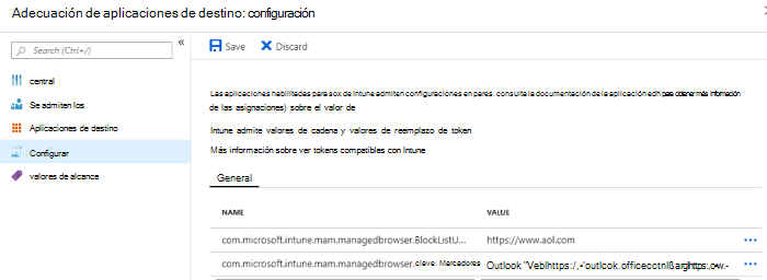 Configuración de la aplicación de destino