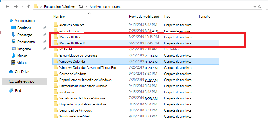 Paquetes de instalación de Office en el directorio Archivos de programa