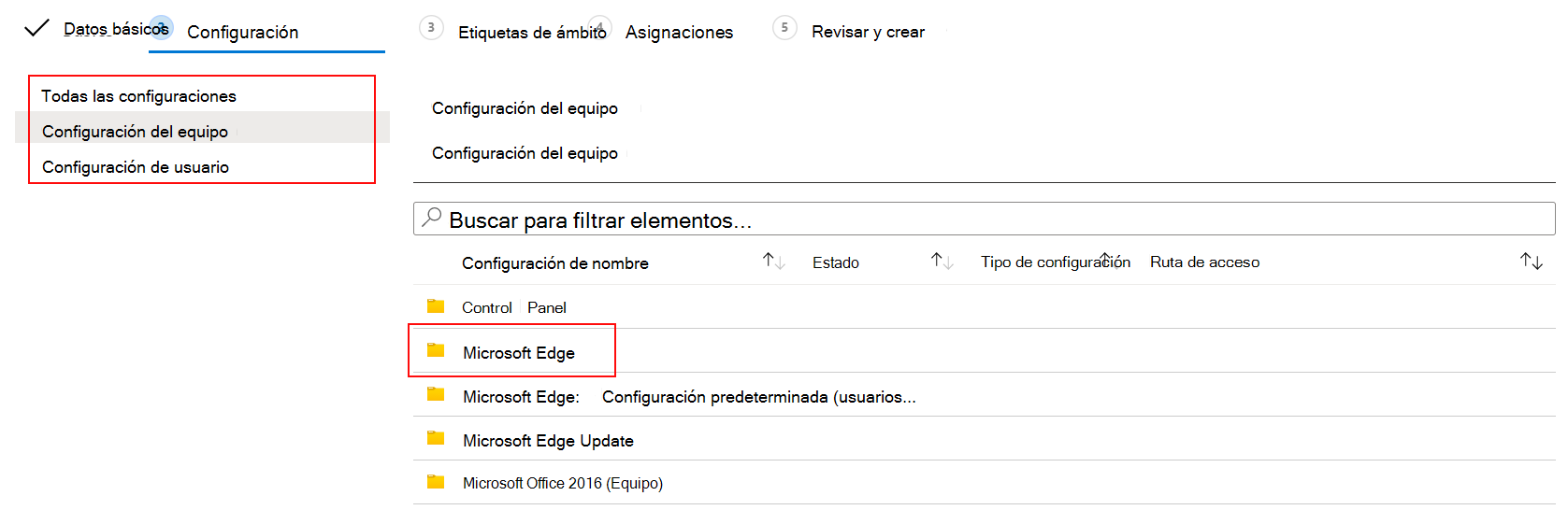 Captura de pantalla que muestra la configuración de ADMX para la configuración del usuario y la configuración del equipo en Microsoft Intune y Intune centro de administración.