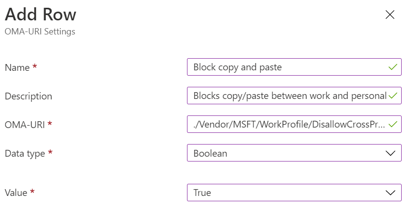 Captura de pantalla de una configuración en un perfil de trabajo personalizado de Microsoft Intune que bloquea la copia y pegado de dispositivos de propiedad personal de Android Enterprise.