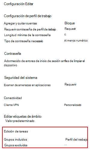 Recorte de pantalla que muestra cómo seleccionar asignaciones para implementar el perfil en usuarios y grupos de Microsoft Intune.